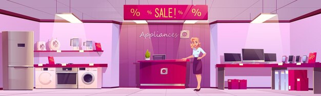 Home appliances store with household equipment counter with cashbox and woman seller vector cartoon ...