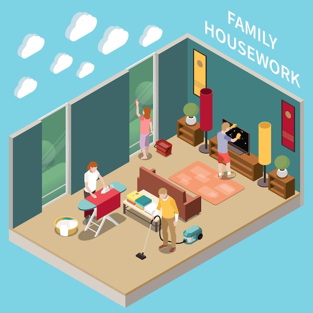 Free vector home chores isometric composition with members of family cleaning walls wiping dust from furniture vacuuming floor ironing clothes vector illustration