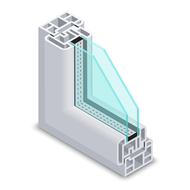 Home clear glass window cross section. Window frame structure . Plastic profile frame window