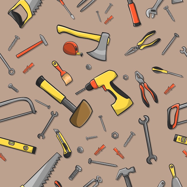 Free vector home construction tools on a seamless brown pattern background vector illustration