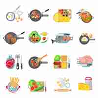 免费矢量家庭烹饪健康食品平象形图的集合肉沙拉和鱼类菜肴
