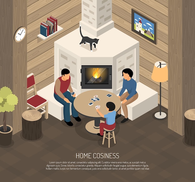 Home cosiness composition with family during playing cards near fire place isometric