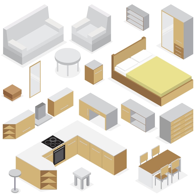 Home furniture isometric set of elements for kitchen bedroom and living room interior isolated