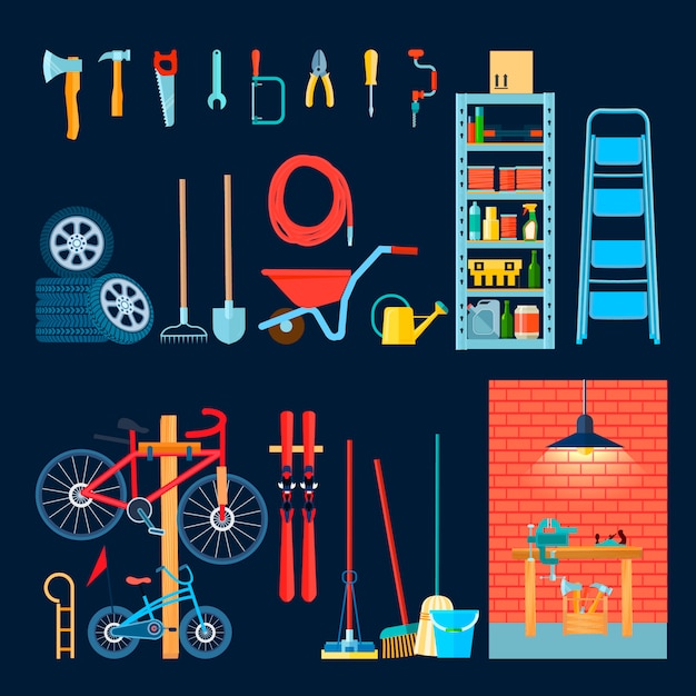 Home garage storeroom house interior composition with different manual tools and equipment 