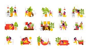 Домашний сад плоский набор женских персонажей, занимающихся посадкой и уходом за домашними растениями, изолированные векторные иллюстрации