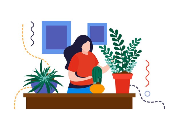 Home garden flat composition with female character caring for plants on table vector illustration