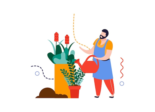 Домашний сад плоская композиция с мужским персонажем, поливающим домашние растения в горшках векторная иллюстрация