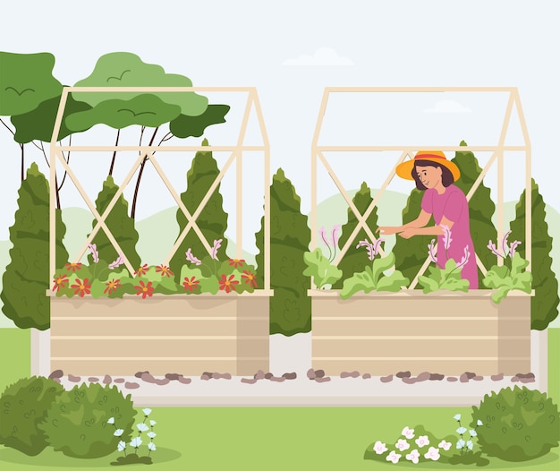 Home gardening flat composition with outdoor landscape and woman in hat working with garden flower beds