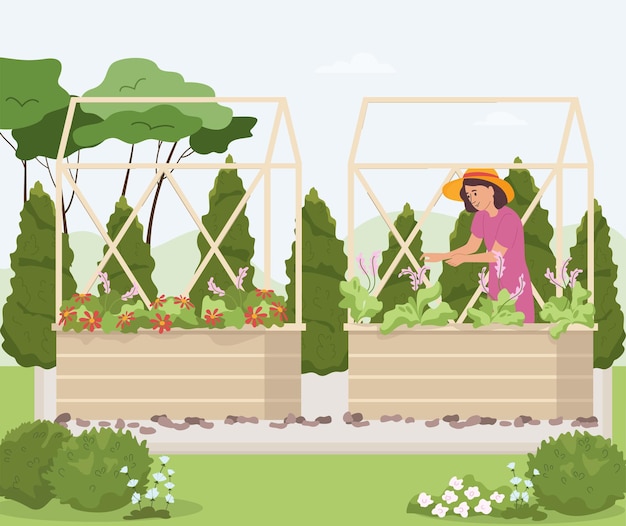 Vettore gratuito la composizione piana di giardinaggio domestico con il paesaggio all'aperto e la donna in cappello che lavora con l'illustrazione di vettore delle aiuole del giardino