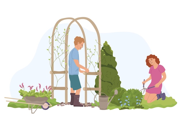 Бесплатное векторное изображение Домашнее садоводство плоская композиция с видом на мужчину и женщину, выполняющих садовые работы на пустой векторной иллюстрации фона