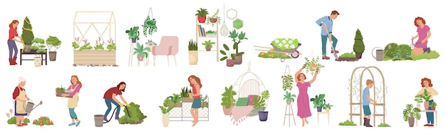 Free vector home gardening set of flat isolated icons with human characters and decorative plants with beds pots vector illustration