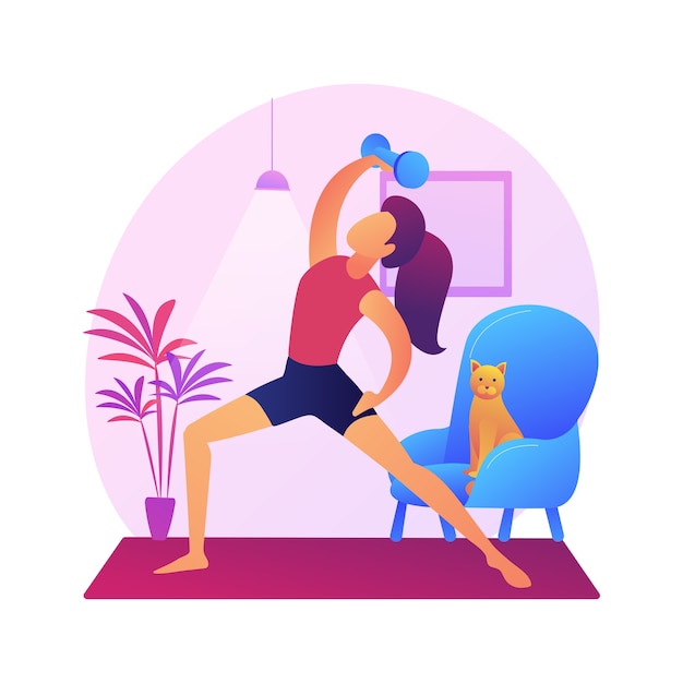 Vettore gratuito illustrazione di concetto astratto di ginnastica domestica. rimani attivo durante la quarantena, l'allenamento di potenza online, il programma di esercizi, l'allenamento a casa, la distanza sociale, il live streaming di fitness.