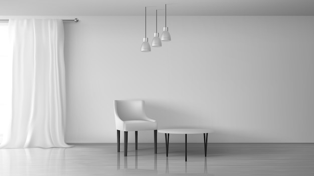 home living room, apartment, house hall realistic vector sunny interior. chair and coffee table near empty white wall, glossy laminate on floor, long white curtain on window rod illustration
