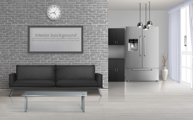 Home living room, studio kitchen spacious interior in minimalism