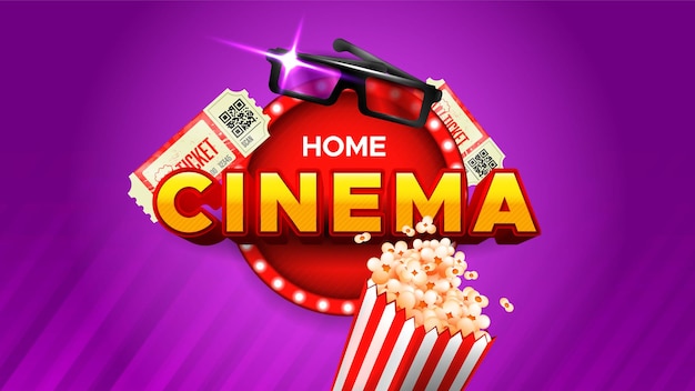 Free vector home movie banner with popcorn and 3d glasses