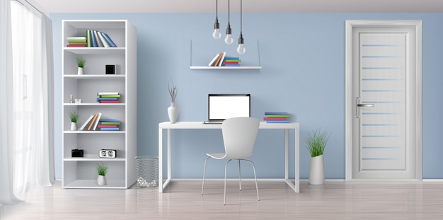 Free vector home office sunny room with simple, white furniture 3d realistic vector interior. laptop with blank screen on work desk, bookshelf on blue wall, rack with clock and flowerpots illustration