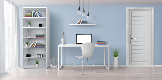 Home office sunny room with simple, white furniture 3d realistic vector interior. Laptop with blank screen on work desk, bookshelf on blue wall, rack with clock and flowerpots illustration
