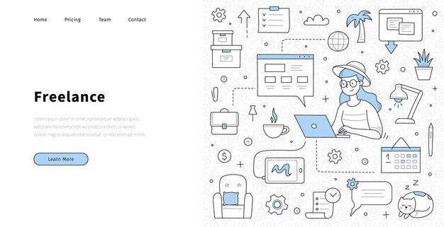 Домашний офис веб-баннер фриланс концепция каракули