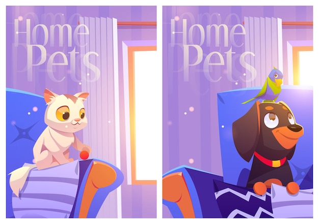 Free vector home pets cartoon posters with kitten parrot dog