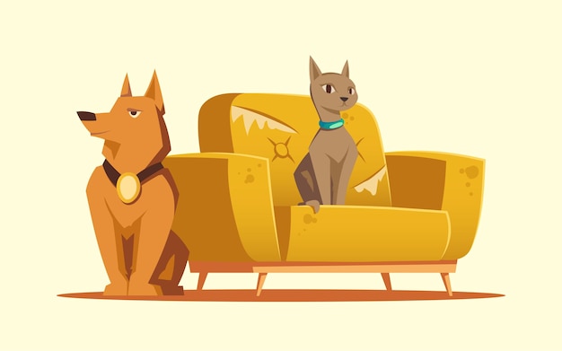 Free vector home pets cat and dog sitting at scratched sofa