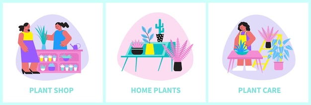 Home plant set of three square compositions with flowers  people and editable text