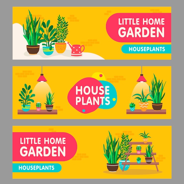 Home plants banners set. houseplants with pots on shelves vector illustrations with text. home interior and garden concept for flower shop flyers and leaflets design