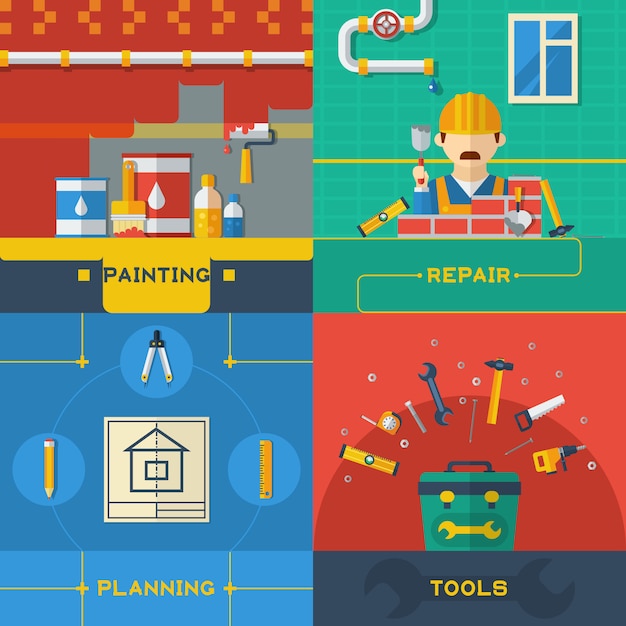 Vettore gratuito home repair 4 flat icons composition