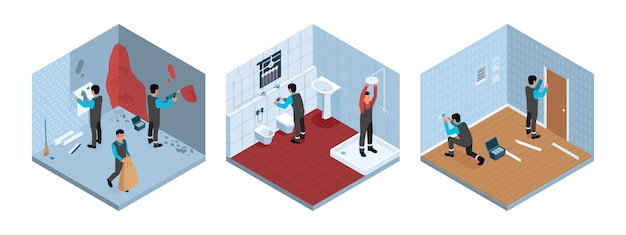 Composizioni isometriche di riparazione domestica con lavoratori che eseguono lavori idraulici ed elettrotecnici nell'illustrazione di vettore isolata interna dell'appartamento