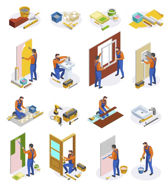 Home repair isometric icons set of tools and craftspeople performing  laying tiles pasting wallpapers doors and window installation isolated  illustration