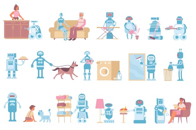 Бесплатное векторное изображение Набор иконок домашних роботов