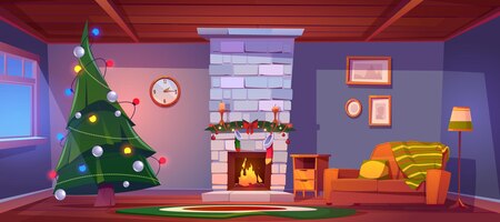 Free vector home room at christmas night, empty interior with burning fireplace, candles, gift socks, decorated fir tree with garlands and cozy sofa with pillow and plaid. xmas eve cartoon vector illustration