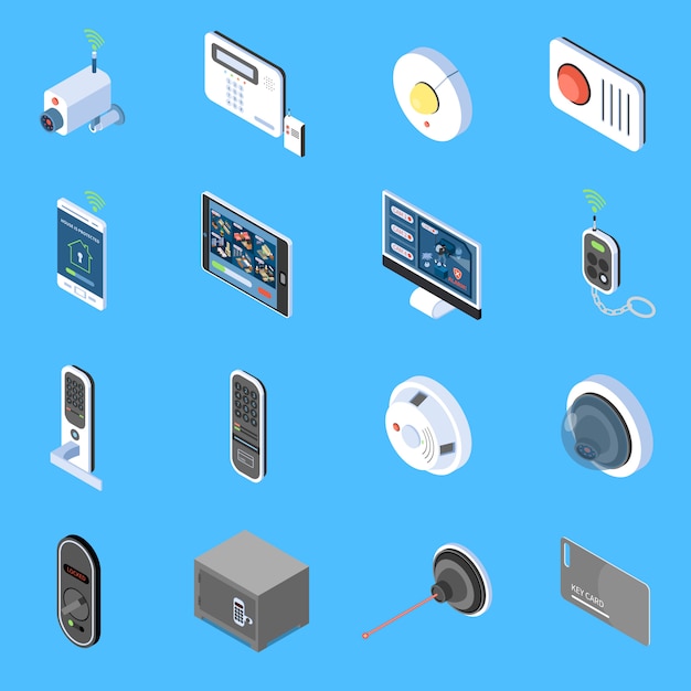 Free vector home security isometric icons set with elements of video surveillance system fire alarm and code locks isolated