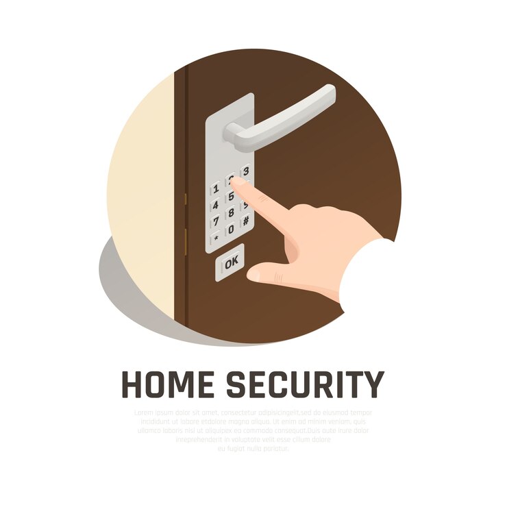 Free Vector home security round composition with human hand hand dialing lock code on front door 