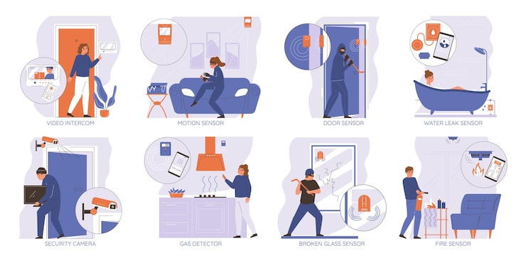 Free Vector home security set with motion sensor symbols flat isolated vector illustration