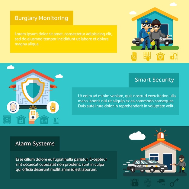 홈 보안 시스템 평면 배너 세트. 도둑과 강도, 가정 안전,