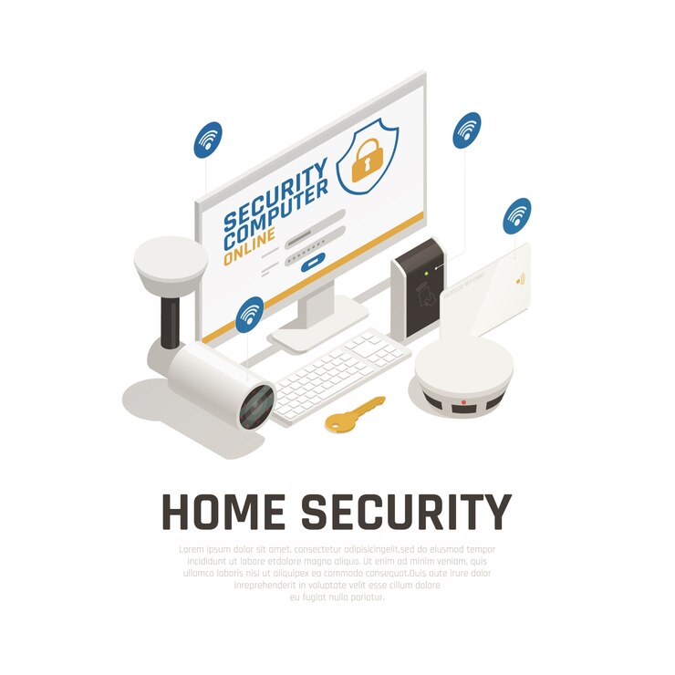 Free Vector home security template with video surveillance system and fire alarm working online by wifi service