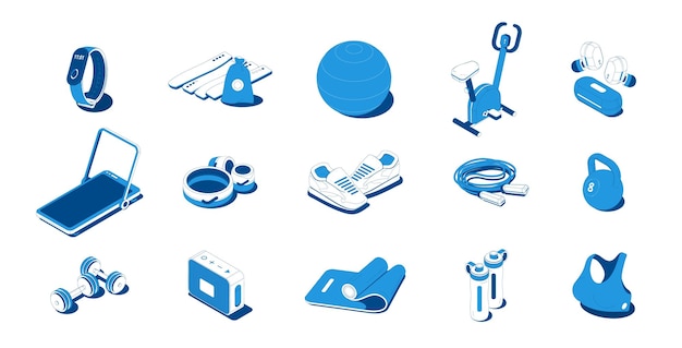 Free vector home sport workout equipment sportswear gadgets blue isometric icons set with barbells sneakers exercise bike vector illustration