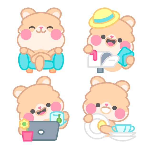 Free vector home stickers collection with kimchi the hamster