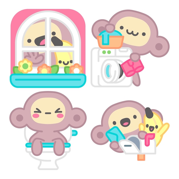 Home stickers collection with monkey and banana