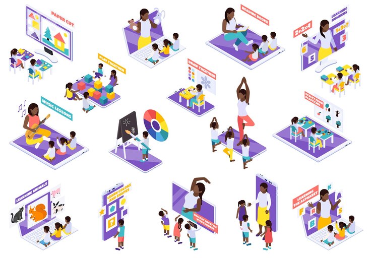 Free Vector home study big isometric set with kindergarten gym  nature arithmetic drawing reading distant learning online vector illustration