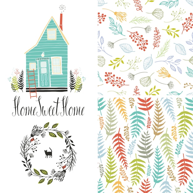 Бесплатное векторное изображение Домашний милый дом, цветочные папоротники и круглая рамка