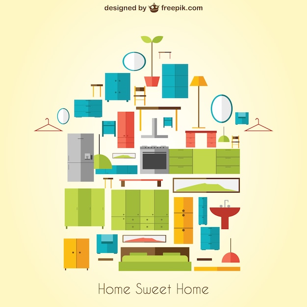 Бесплатное векторное изображение home sweet home с мебелью