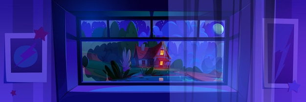 Free vector home window view on outside night house landscape