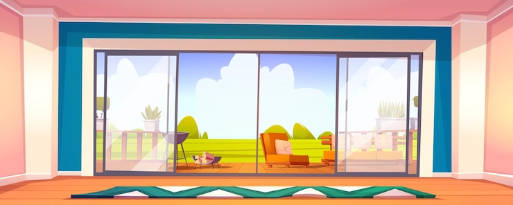 मुफ़्त वेक्टर home wooden terrace bbq area at green lawn view through glass door outdoor patio with sofa armchair barbeque machine wood banister at scenery landscape background cartoon vector illustration