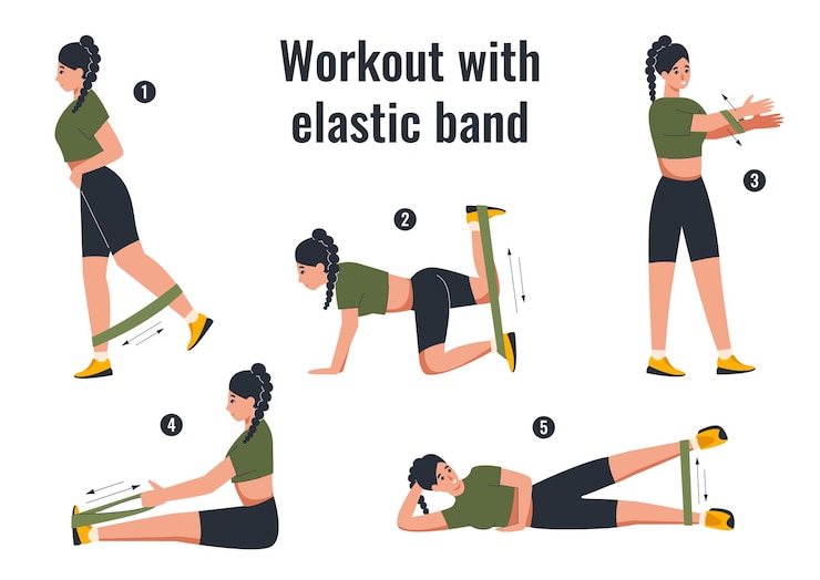 Free Vector home workout flat infographic composition with isolated text and female characters showing various figures for practicing vector illustration