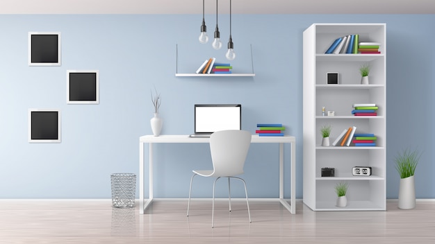 Домашнее рабочее место, современное офисное помещение, солнечный, минималистичный стиль интерьера в пастельных тонах, реалистичный вектор с белой мебелью, ноутбук на столе, стойка и книжные полки