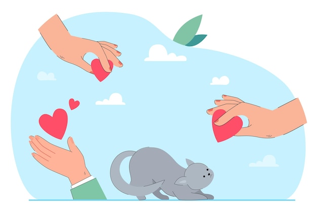 Free vector homeless cat looking at giant hand holding heart. hands of people giving love to kitten flat vector illustration. animal care, protection concept for banner, website design or landing web page