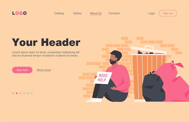 Homeless dirty man sitting on ground with nameplate need help isolated flat  landing page. Cartoon desperate poor person sitting on street near trash. Charity and unemployment concept