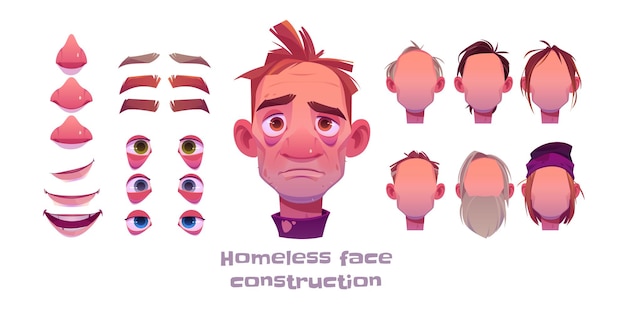 ホームレスの男性の顔の構造、白地にさまざまな頭の部分を持つアバターの作成