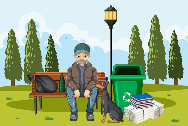 Free vector homeless man sitting and a dog in the park